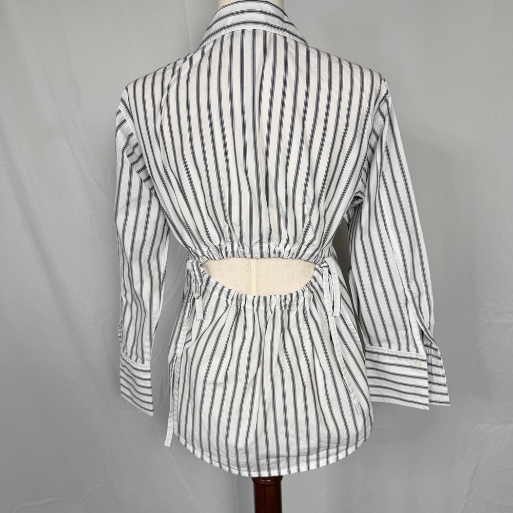 Loft Black And White Striped button Up shirt With back Cut Out, Cinched Waist